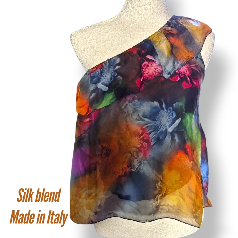 Vibrant Floral Silk One-Shoulder Blouse, Size Small, New With Tag, Made In Italy